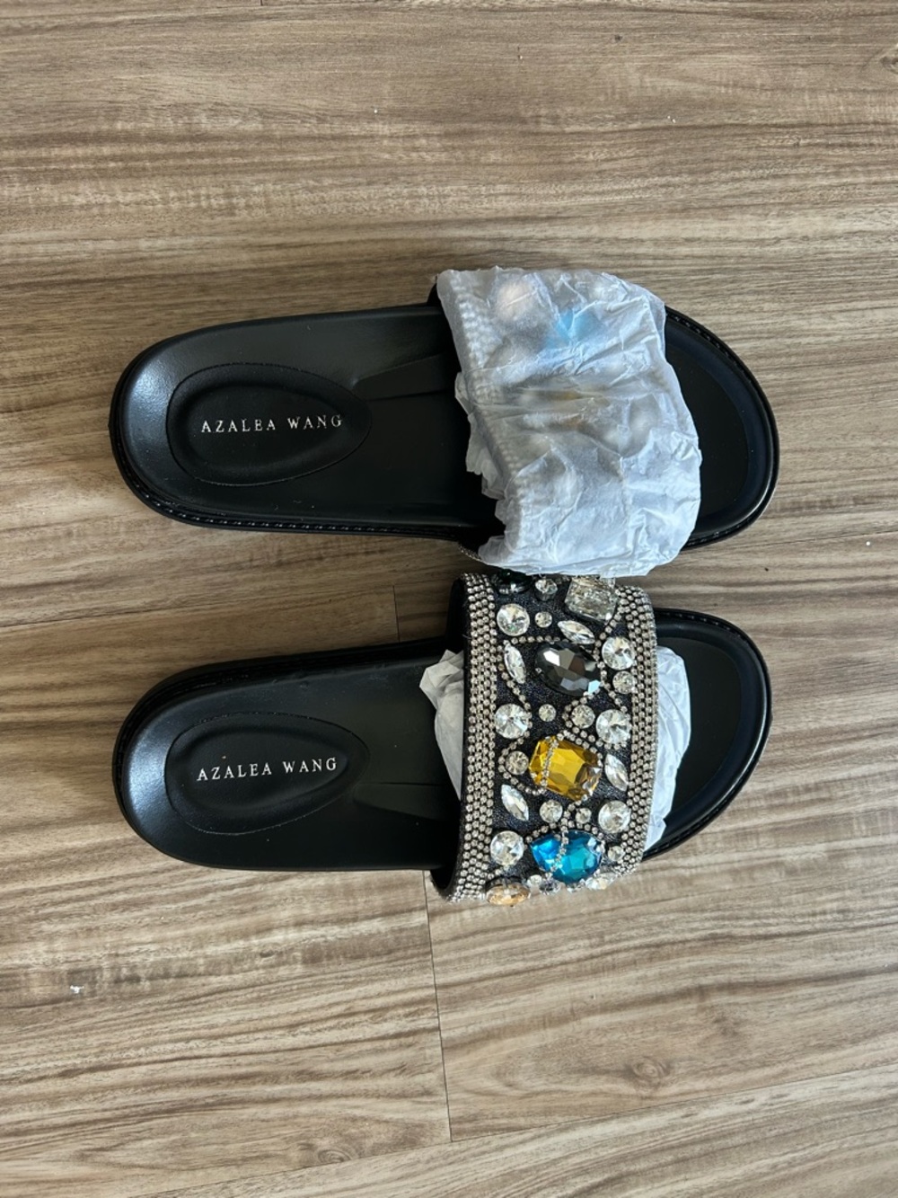 AKIRA Black Jeweled Slide Sandals with Multi-Color Gems